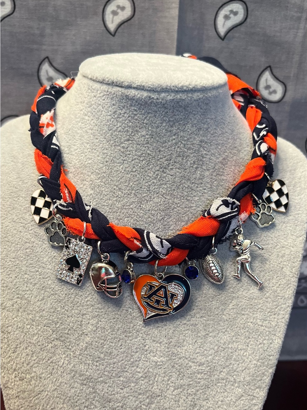 Auburn Tigers Braided Bandana Necklace, Orange and Navy Game Day, 27”